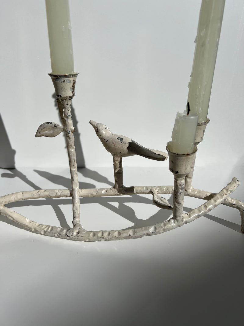 White Candelabra with Bird Figurine